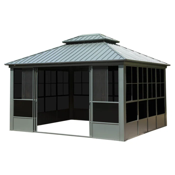 12′ x 14′ Hardtop Aluminum Gazebo with Galvanized Steel Roof & Sliding Doors