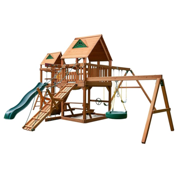 Gorilla Playsets Pioneer Peak Wooden Treehouse Swing Set with Tire Swing & Clatter Bridge