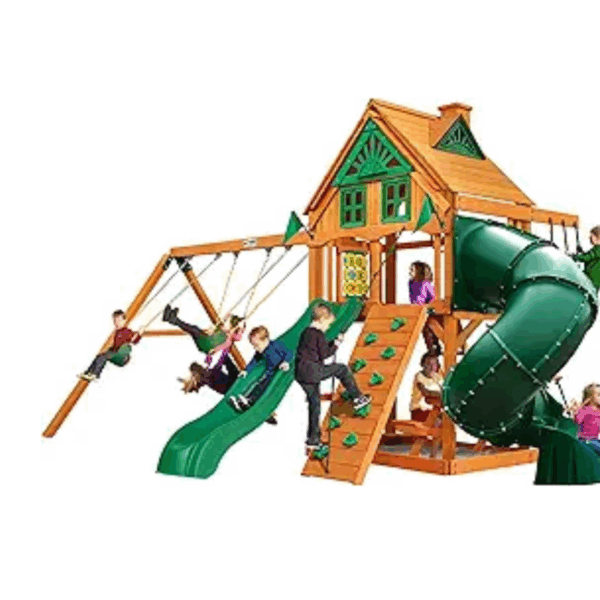 Gorilla Playsets Mountaineer Wooden Treehouse Swing Set with Tube Slide, Rope Ladder & Sandbox