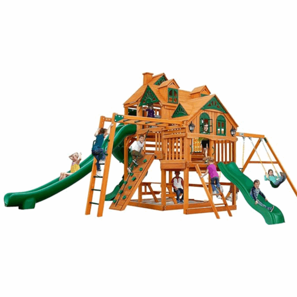 Gorilla Playsets Empire Extreme Wooden Swing Set with Monkey Bars, Clatter Bridge & Triple Slides