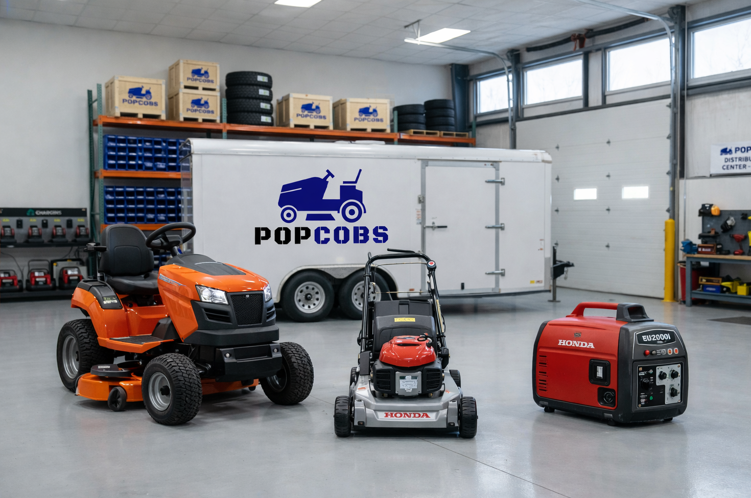 Popcobs equipment lineup — riding mower, push mower and generator
